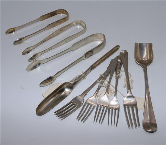 Two silver marrow scoops, three pairs silver tongs and five forks